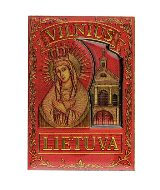 Raudonas magnetas su Vilniaus Aušros vartų Švč Mergele Marija